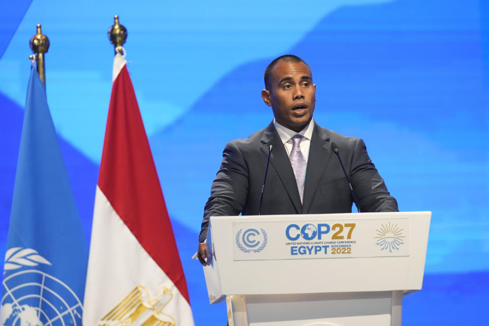 Rennier Gadabu, minister of climate change of Nauru, speaks at the COP27 U.N. Climate Summit, Tuesday, Nov. 15, 2022, in Sharm el-Sheikh, Egypt. (AP Photo/Peter Dejong)