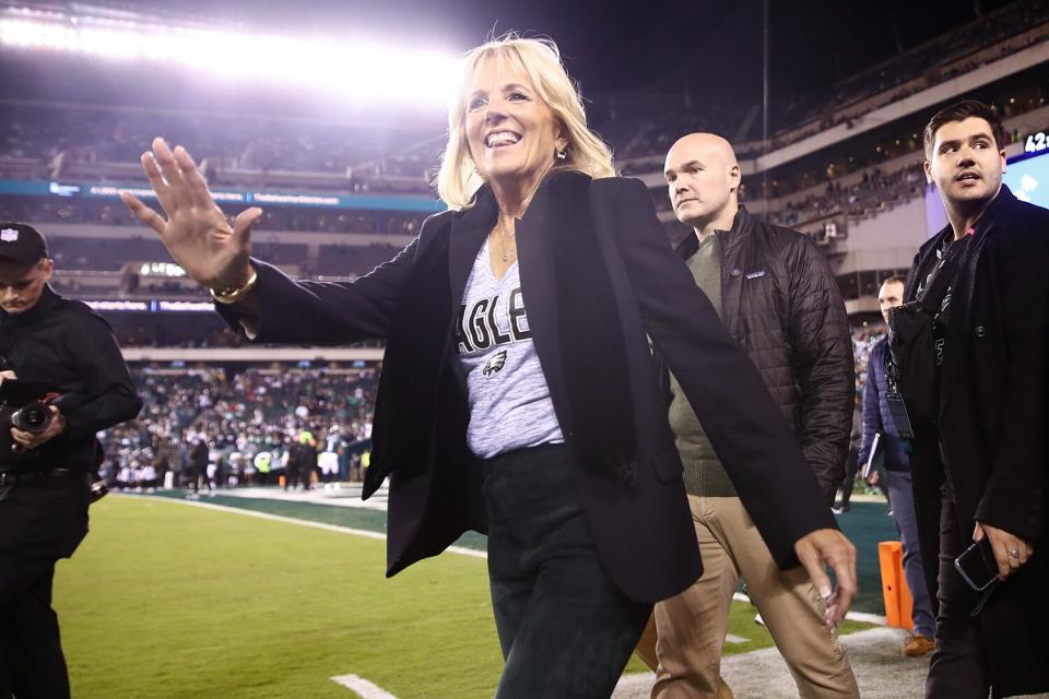 First Lady of the United States of America Jill Biden walks the sideline prior to the game between the Philadelphia Eagles and the Dallas Cowboys