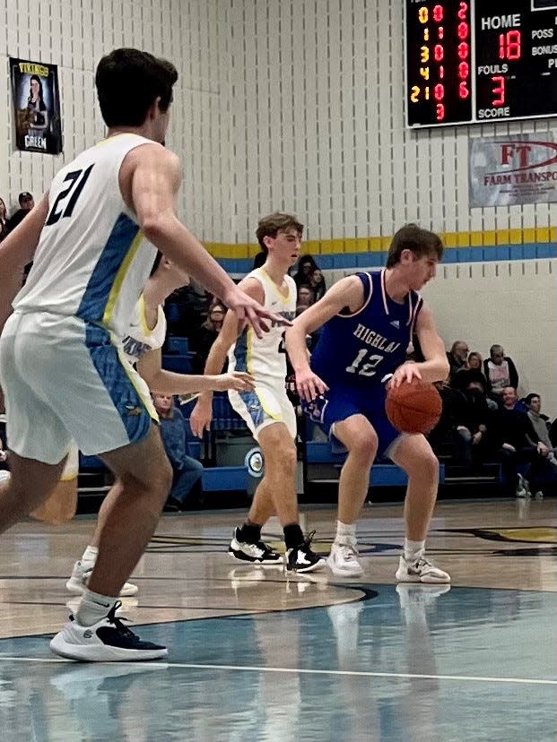 Highland's Aron West dribbles the ball during a game at River Valley last year.