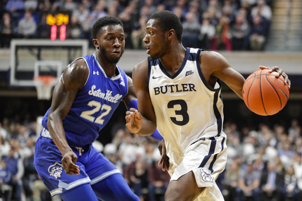 Butler guard Kamar Baldwin (3) drives on Seton Hall guard Myles Cale (22) in the first half of an NCAA college basketball game in Indianapolis, Wednesday, Jan. 15, 2020. (AP Photo/Michael Conroy)