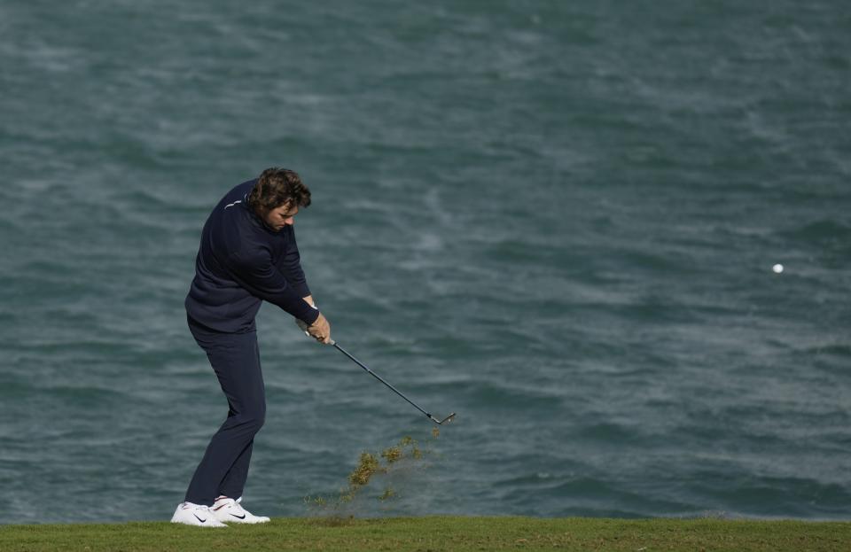 Thomas Pieters of Belgium plays a shot on the 16th hole during the second round of the Abu Dhabi Championship golf tournament at the Yas Links Golf Course, in Abu Dhabi, United Arab Emirates, Friday, Jan. 21, 2022. (AP Photo/Kamran Jebreili)