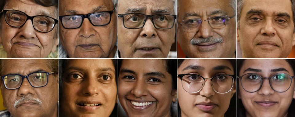 This combo photograph shows Indian voters, top row left to right, Raj Sud, 94, Niranjan Kapasi, 89 , Kuldip Chadha, 79, Ajay Sud, 63, Dhiren Singh, 58, and in second row, left to right, Ajay Jasra, 56, Retha Singh, 49, Shruti Sud, 34, Manya Sachdev, 22 and Anita Jasra, 18, as they talk to the Associated Press about the national elections, in New Delhi, India, March 29, 2024. (AP Photo/Manish Swarup)