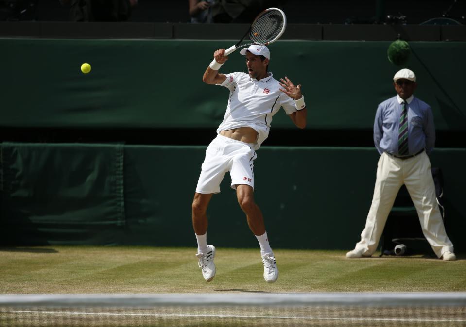 Serbia's Novak Djokovic in his Men's Final against Great Britain's Andy Murray during day thirteen of the Wimbledon Championships at The All England Lawn Tennis and Croquet Club, Wimbledon.