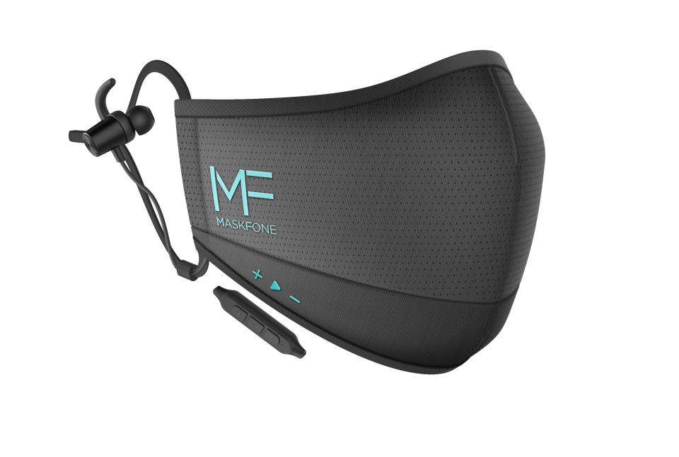 This image released by Hubble Connected shows the MaskFone. It comes with wireless earbuds attached and built-in volume controls. The black, breathable fabric is water resistant. Not on a call or listening to music? It doubles as a voice amplifier for mask-on conversation and comes in two sizes with replaceable filters. Available at MaskFone.com and Amazon. From $49.99. (Hubble Connected via AP)