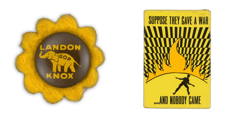 A button resembling a sunflower shows an elephant labeled "GOP" and the name Landon Knox, the button on the right shows a silhouetted figure facing a horizon filled with flames and the words "Suppose they gave a war and nobody came"