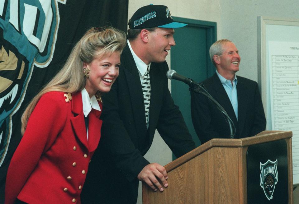 Jaguars' legendary tackle Tony Boselli, seen here in 1995 as his introductory press conference with his wife, Angi, and head coach Tom Coughlin, will be inducted into the Pro Football Hall of Fame in August. The only regret is that his father, Tony Sr., who passed away last May from melanoma, won't be at the induction ceremony to witness it.