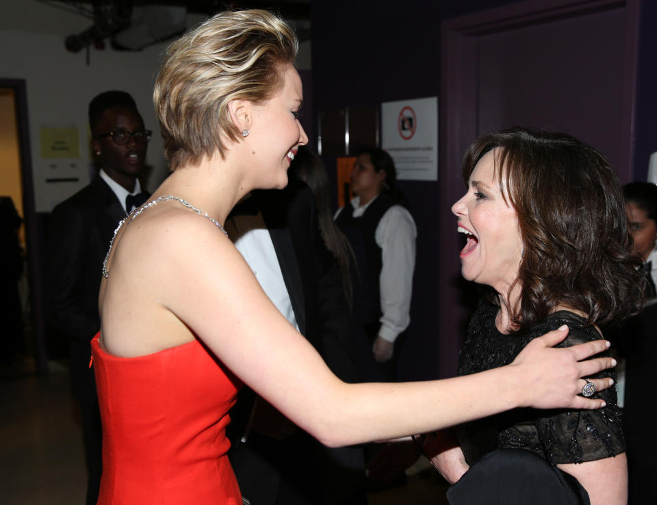 - Jennifer Lawrence, left, and Sally Field backstage during the Oscars at the Dolby Theatre on Sunday, March 2, 2014, in Los Angeles. (Photo by Matt Sayles/Invision/AP)