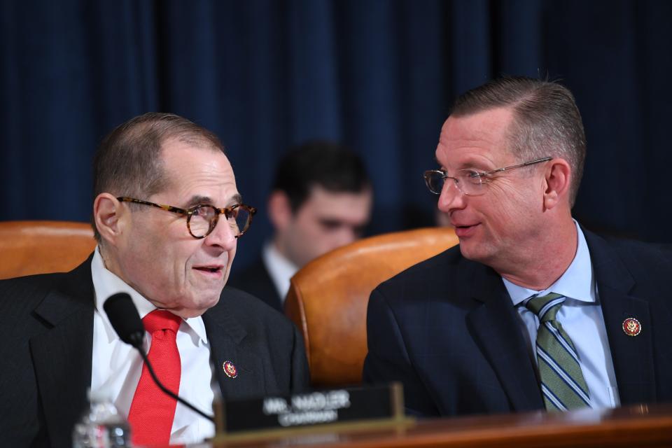 Rep. Jerry Nadler (D-NY), Chairman, Judiciary Committee, left, speaks with senior Republican on the Judiciary Committee, Doug Collins (R-GA) before the House Judiciary Committee receives counsel presentations of evidence as part of the impeachment inquiry into President Donald Trump on Dec. 9, 2019 in Washington.