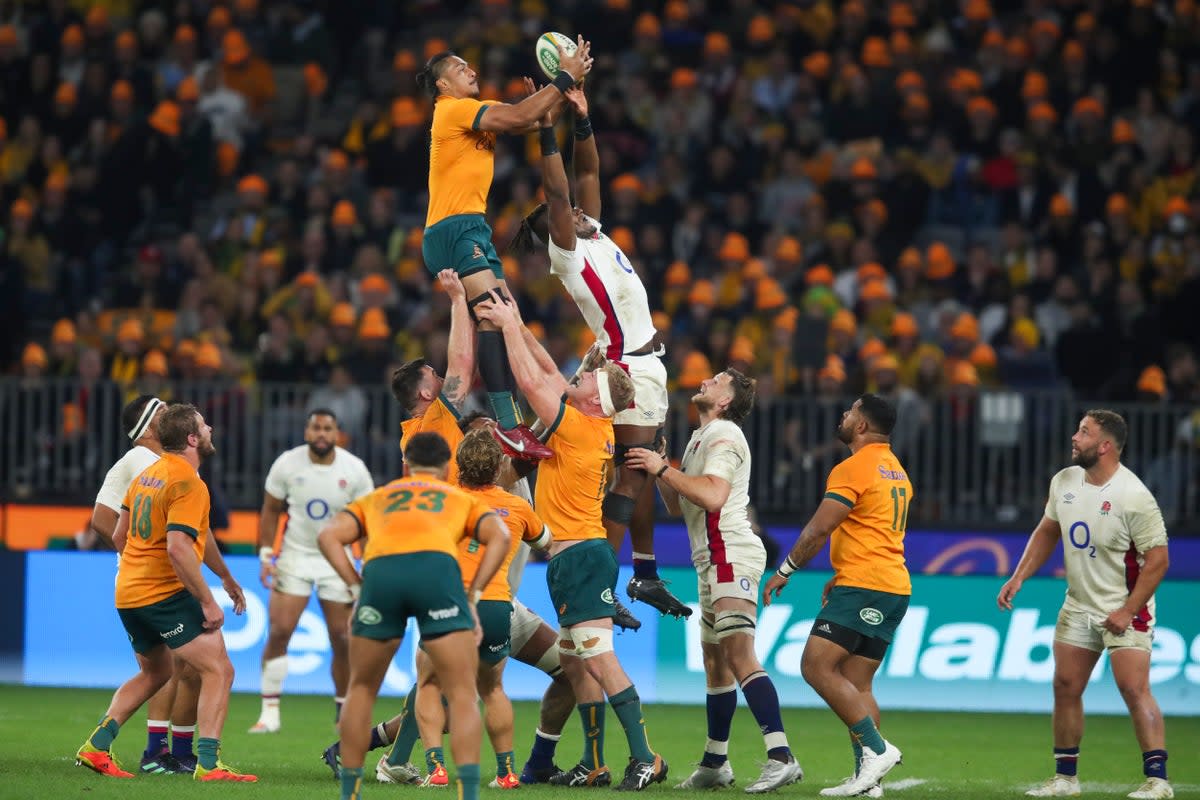 Australia’s Pete Samu, top left, leaps against England’s Maro Itoje (Gary Day/AP) (AP)