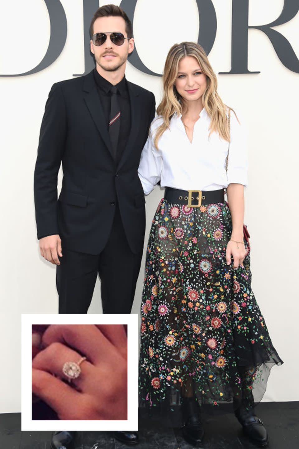 <p><em>Supergirl</em> star Benoist announced her engagement to Chris Wood in February 2019. The custom engagement ring, which was designed by Jennifer Meyer, features an oval center stone set in a halo of diamonds. </p>
