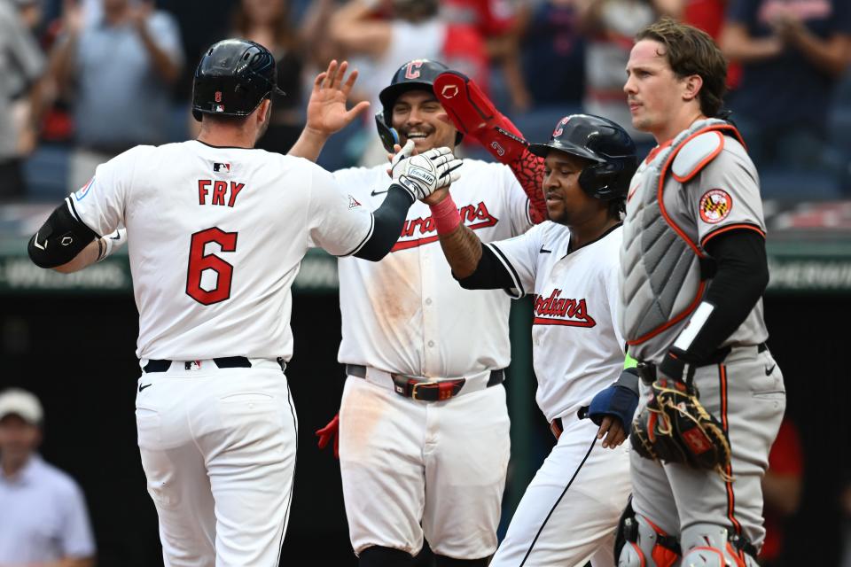 Aug 1, 2024; Cleveland, Ohio, USA; Cleveland Guardians designated hitter David Fry (6) celebrates with first baseman Josh Naylor (22) and third baseman Jose Ramirez (11) after hitting a three-run home run as Baltimore Orioles catcher Adley Rutschman (35) looks on during the third inning against the Baltimore Orioles at Progressive Field. Mandatory Credit: Ken Blaze-USA TODAY Sports