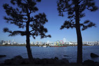 The Olympic Symbol is reinstalled after it was taken down for maintenance ahead of the postponed Tokyo 2020 Olympics in the Odaiba section Tuesday, Dec. 1, 2020, in Tokyo. (AP Photo/Eugene Hoshiko)