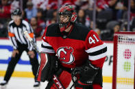 New Jersey Devils goaltender Scott Wedgewood (41) stands in front of the net during the second period of the team's NHL hockey game against the Washington Capitals on Thursday, Oct. 21, 2021, in Newark, N.J. (AP Photo/Frank Franklin II)