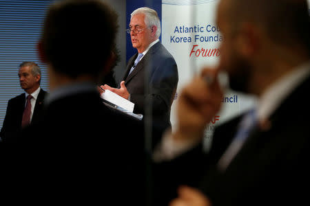 U.S. Secretary of State Rex Tillerson delivers remarks on the U.S.-Korea relationship during a forum at the Atlantic Council in Washington, U.S. December 12, 2017. REUTERS/Jonathan Ernst