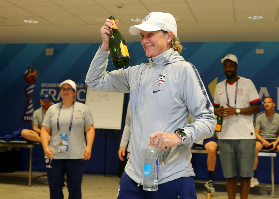 LYON, FRANCE - JULY 07:  Jill Ellis, Head Coach of USA celebrates in the dressing room following the 2019 FIFA Women's World Cup France Final match between The United States of America and The Netherlands at Stade de Lyon on July 07, 2019 in Lyon, France. (Photo by Maddie Meyer - FIFA/FIFA via Getty Images)