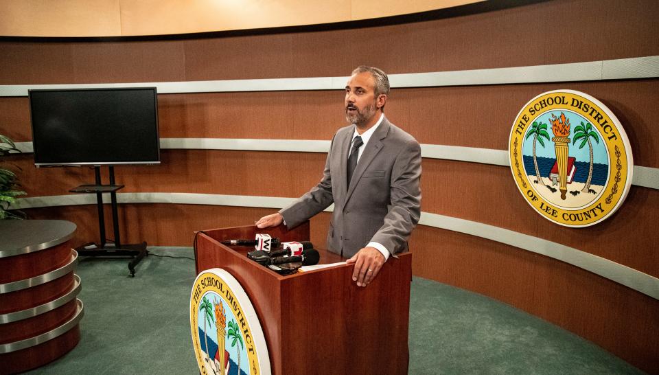 Kenneth Savage speaks to the media after being sworn in as superintendent of Lee County Schools on Tuesday, April 9, 2024.  His salary is $210,700 per year; but the electorate will vote for superintendent in the November General Election.