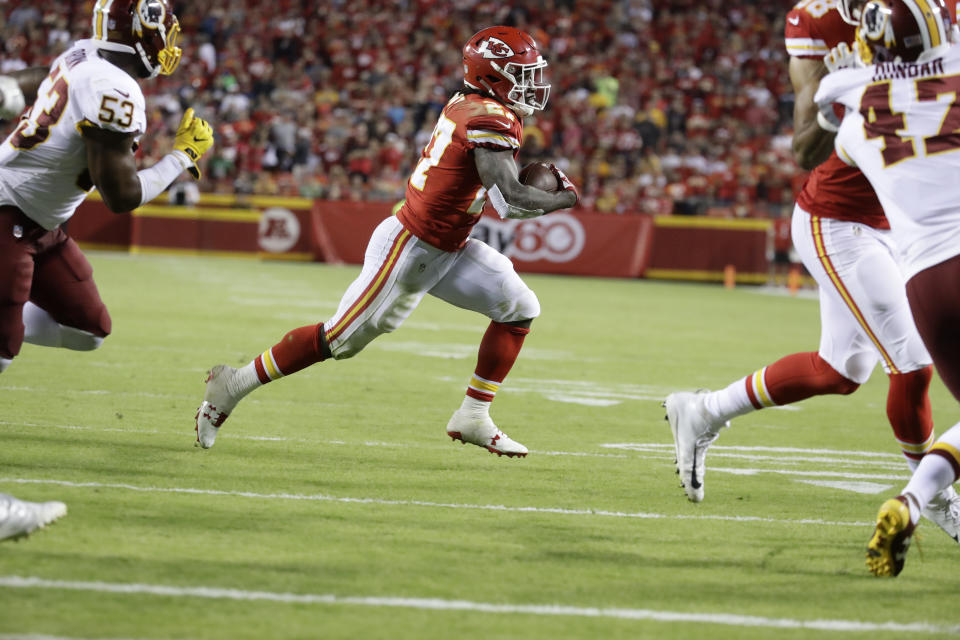 Kareem Hunt has had over 100 total yards in each of his first four NFL games. (AP Photo/Charlie Riedel)