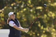 Gemma Dryburgh, of Scotland, watches her tee shot on the 14th hole during the first round of the LPGA Cambia Portland Classic golf tournament in Portland, Ore., Thursday, Sept. 16, 2021. (AP Photo/Steve Dipaola)