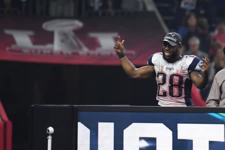 Feb 5, 2017; Houston, TX, USA; New England Patriots running back James White (28) celebrates after Super Bowl LI at NRG Stadium. Kirby Lee-USA TODAY Sports