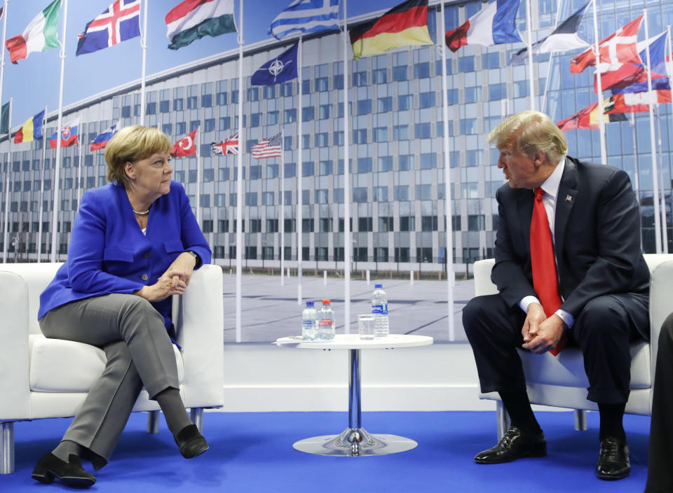 German Chancellor Angela Merkel and President Trump in a bilateral meeting during the July 11-12, 2018, NATO summit in Brussels, Belgium. (Photo: Pablo Martinez Monsivais/AP)