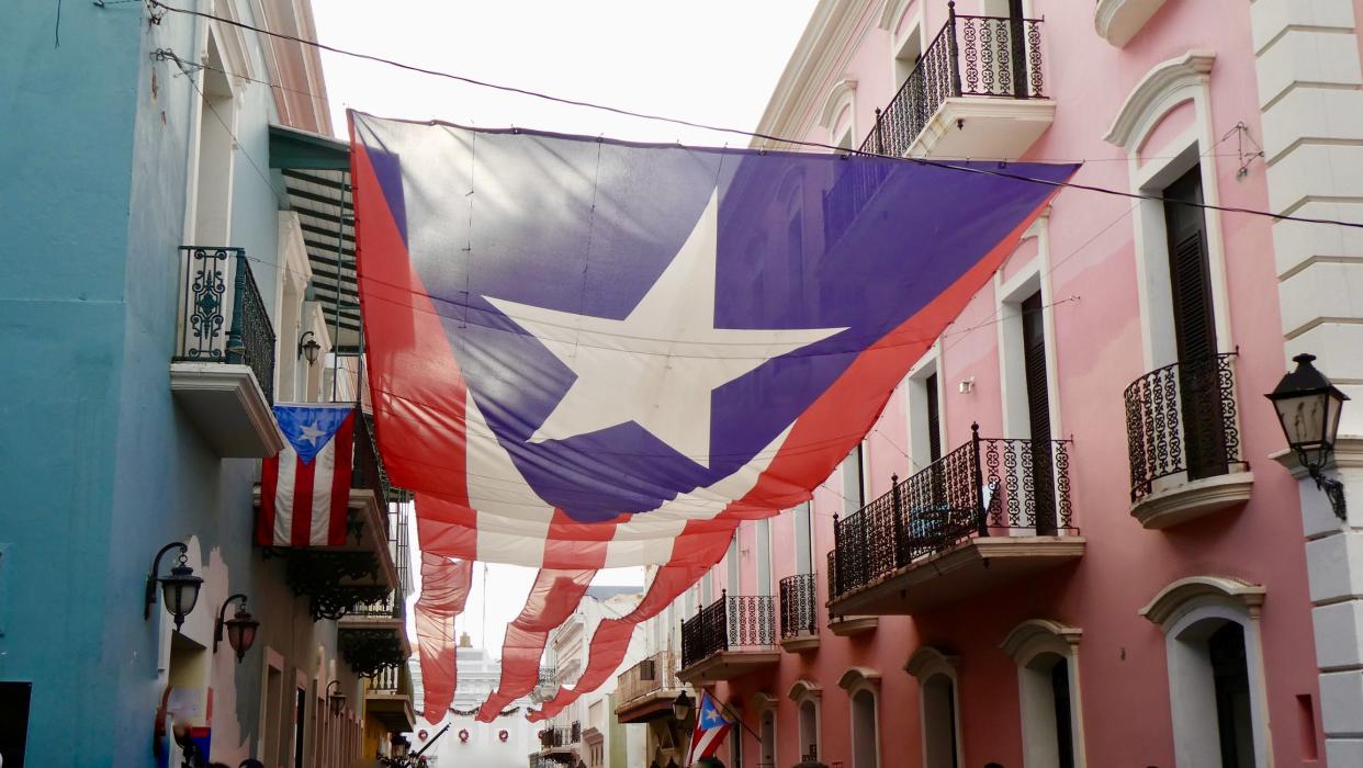 Celebration banner in streets of Old San Juan Puerto Rico