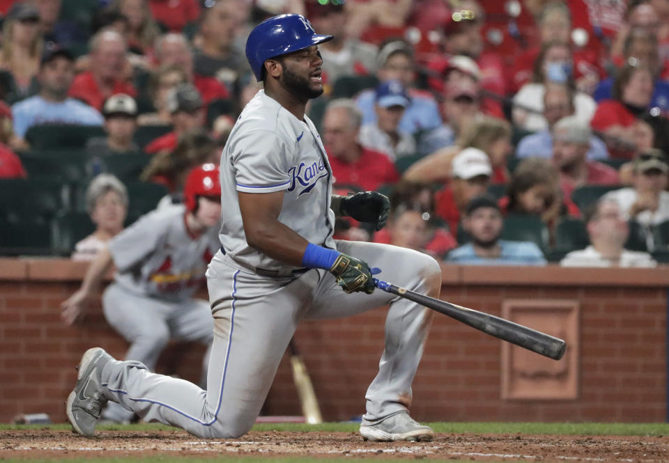 Kansas City Royals' Hanser Alberto (49) reacts to striking out in the seventh inning of the team's baseball game against the St. Louis Cardinals, Saturday, Aug. 7, 2021, in St. Louis. (AP Photo/Tom Gannam)