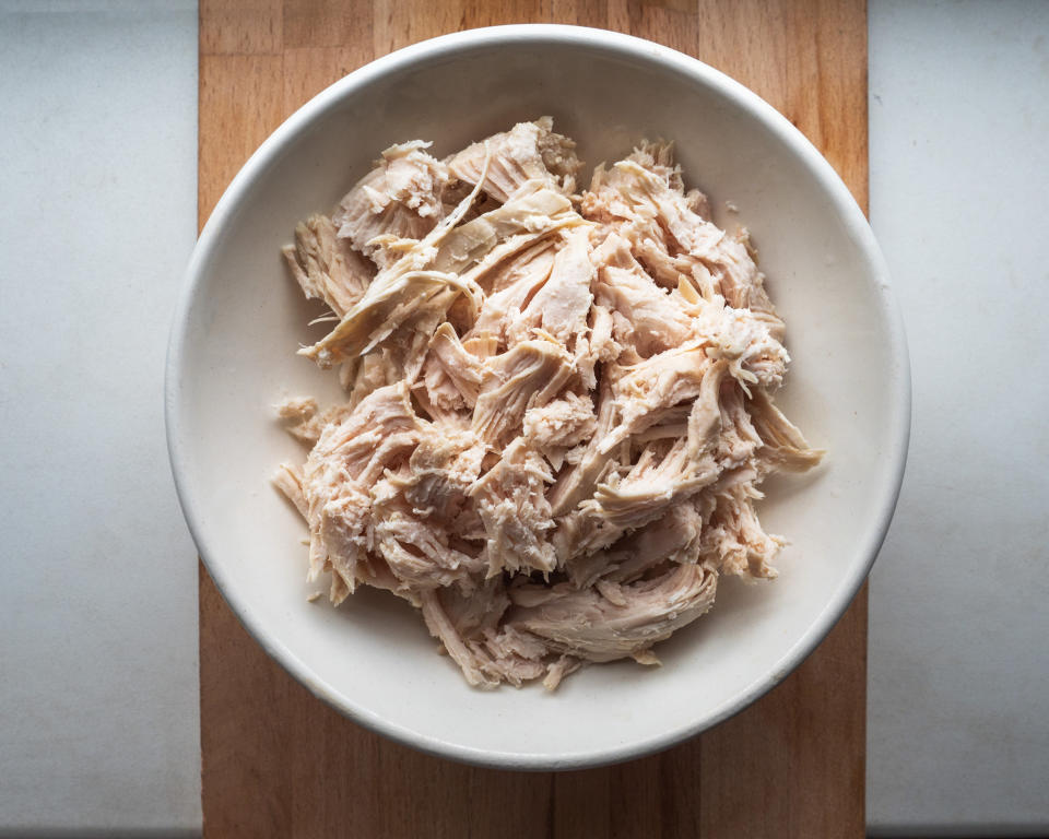 Shredded chicken pieces.