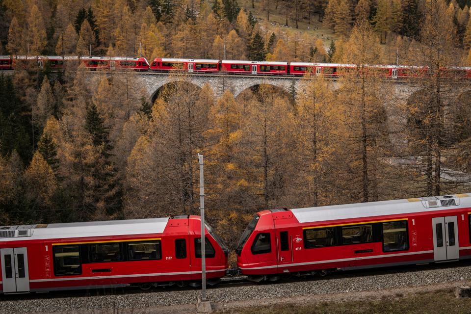 A train of the Rhaetian Railway set a world record for longest passenger train on Saturday, October 29, 2022, in Preda, Switzerland.