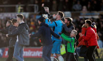 Soccer Football - FA Cup Third Round - Newport County AFC vs Leeds United - Rodney Parade, Newport, Britain - January 7, 2018 Newport County's Joe Day celebrates with fans after the match REUTERS/Rebecca Naden