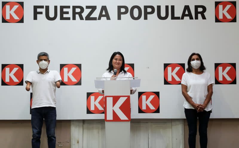 Presidential candidate Keiko Fujimori addresses the media in Lima