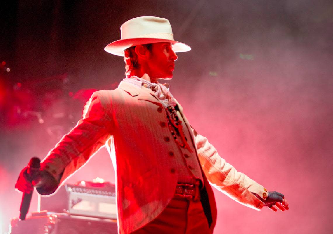 Lead singer Perry Farrell shuts as Jane’s Addiction performs at Raleigh, N.C.’s Red Hat Amphitheater, Tuesday night, Sept. 3, 2024.