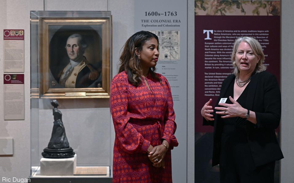 In this file photo, Maryland's First Lady Dawn Moore, left, listens to Sarah Hall, executive director of the Washington County Museum of Fine Arts during Moore's visit in 2023.