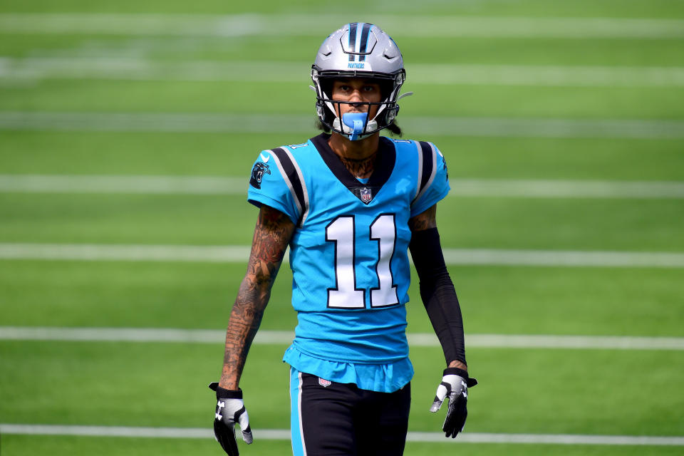 INGLEWOOD, CALIFORNIA - SEPTEMBER 27:  Robby Anderson #11 of the Carolina Panthers during warm up before the game against the Los Angeles Chargers at SoFi Stadium on September 27, 2020 in Inglewood, California. (Photo by Harry How/Getty Images)