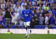 Everton's Abdoulaye Doucoure celebrates scoring during the English Premier League soccer match between Everton and Bournemouth at Goodison Park, Liverpool, England, Sunday May 28, 2023. (Peter Byrne/PA via AP)