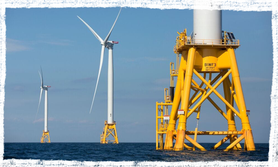 Three of Deepwater Wind's turbines stand in the water off Block Island, R.I. on Aug. 15, 2016.