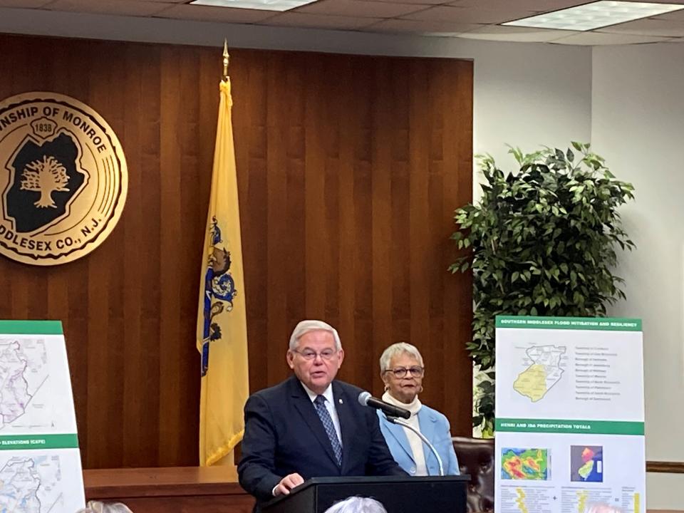 Sen. Bob Menendez and Rep. Bonnie Watson Coleman visited Monroe on Friday to announce  $1.1 million in federal funding for flood mitigation in Southern Middlesex County.