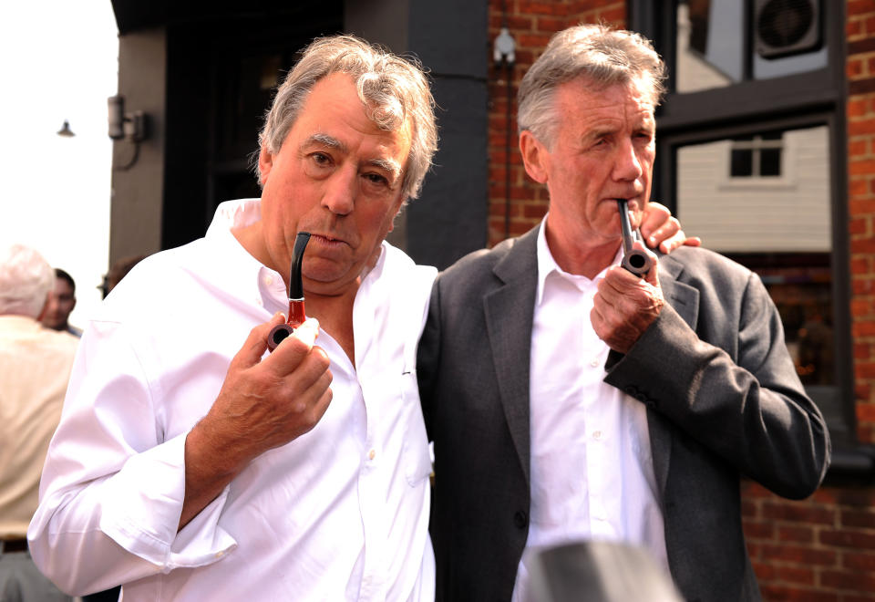 Terry Jones (left) and Michael Palin attend the unveiling of a British comedy society plaque outside The Angle Inn in Highgate, London, dedicated to former Monty Python star Graham Chapman.