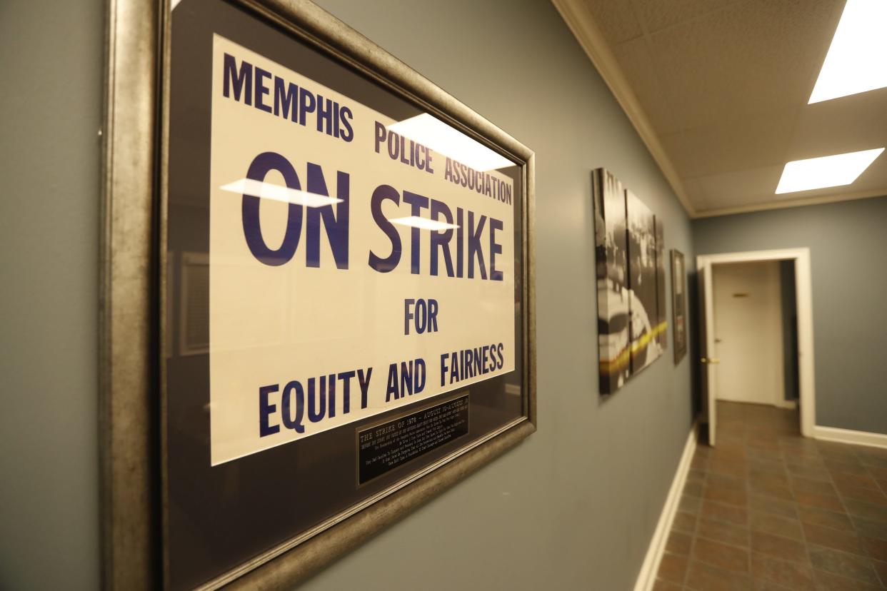 An original sign from the 1978 Memphis Police Association strike can be seen in the conference room at the association's headquarters at 638 Jefferson Ave. The Memphis Police Association celebrated its 50th anniversary and rededicated its headquarters in honor of Congressman Harold Ford Sr. on Friday, Sept. 1, 2023.
