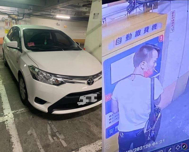 一名女網友發文求助，表示自己的愛車（左）停住家的地下停車場，沒想到卻被一名右手有刺青的男子（右）給偷走。（翻攝自爆廢公社二館）