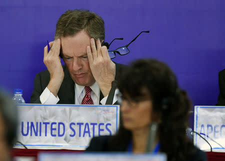 US Trade Representative Robert Lighthizer gestures while attending a joint press conference held on the sideline of the Asia-Pacific Economic Cooperation ( APEC) 's 23rd Ministers responsible for Trade Meeting being held in Hanoi, Vietnam, May 21, 2017. REUTERS/Hoang Dinh Nam/Pool