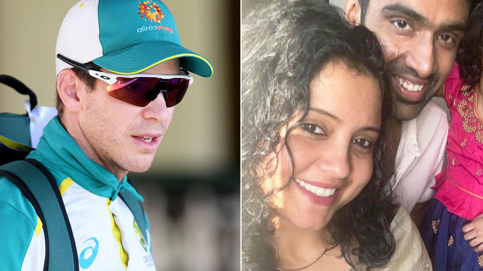 Seen here, Tim Paine alongside a photo of Ravi Ashwin and his wife Prithi. 