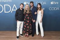 Daniel Durant, from left, Marlee Matlin, Troy Kotsur and Emilia Jones attend a photo call for "CODA" on Friday, July 30, 2021, at the London Hotel in West Hollywood, Calif. (Photo by Richard Shotwell/Invision/AP)