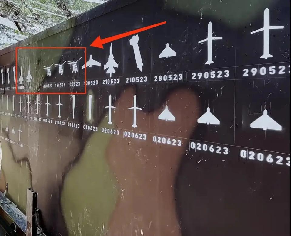 A screen capture of a Ukrainian Air Force video shows images of three Russian helicopters and two Russian fighters painted on the side of a Patriot air defense battery. The three helicopter and two jet images bear the date May 13, 2023. <em>Defense Industry of Ukraine </em>