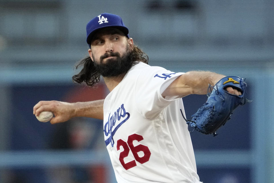 Los Angeles Dodgers starting pitcher Tony Gonsolin throws to the plate during the first inning of a baseball game against the Miami Marlins Friday, Aug. 18, 2023, in Los Angeles. (AP Photo/Mark J. Terrill)