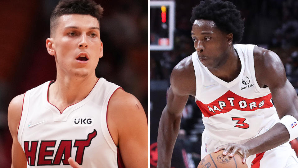 Miami's Tyler Herro and Toronto's OG Anunoby have both impressed during the NBA pre-season, making both intriguing prospects for fantasy drafts. Pictures: Getty Images