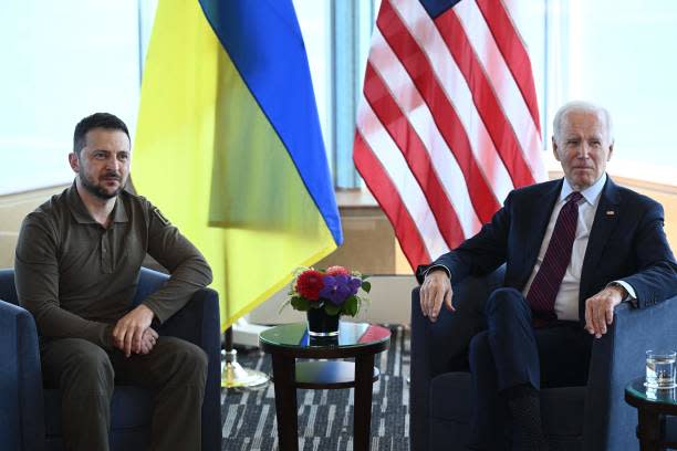 Ukraine’s president Volodymyr Zelensky and US president Joe Biden take part in a bilateral meeting during the G7 Leaders’ Summit in Hiroshima on 21 May 2023 (AFP via Getty Images)