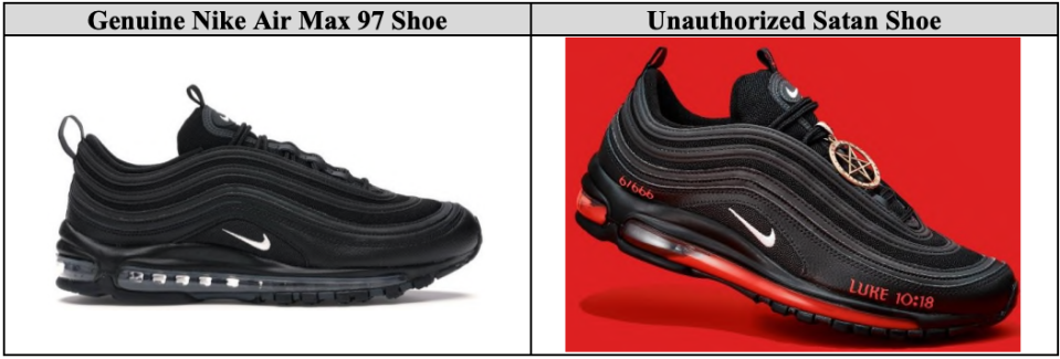 An image provided by Nike's attorneys in the lawsuit show differences between the original Air Max 97 and the modified version. / Credit: Nike