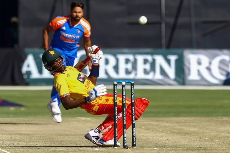 Zimbabwe batsman Clive Madande ducks under a bouncer from India's Mukesh Kumar during the first T20 in Harare (Jekesai NJIKIZANA)