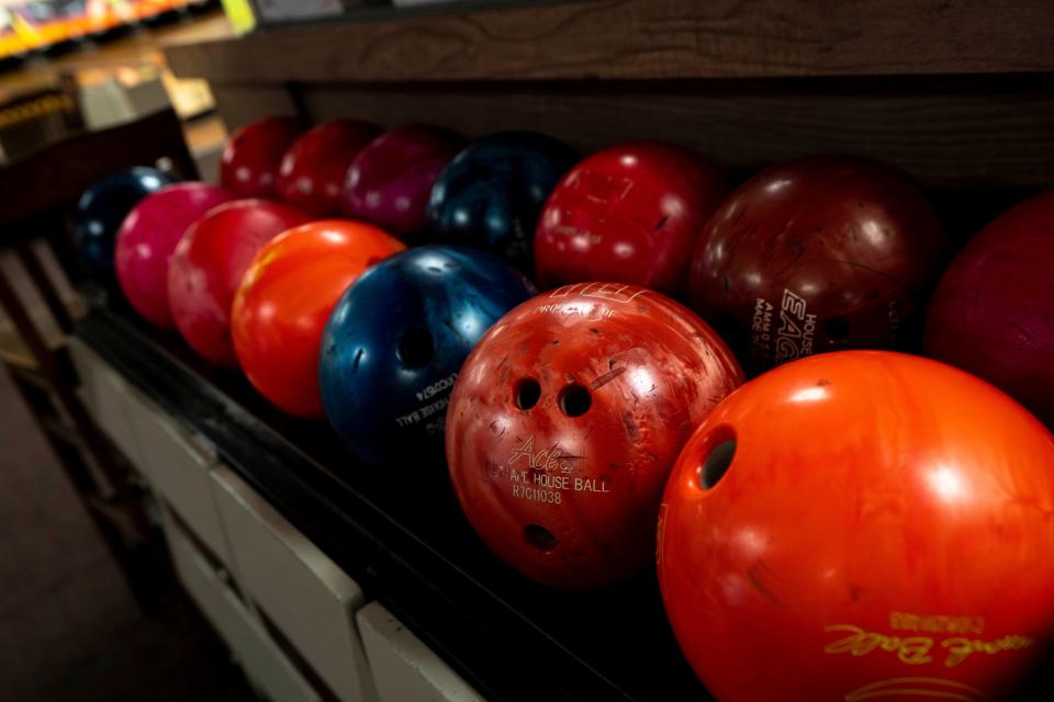 A view of bowling balls at the Madison Bowl in Madisonville on Wednesday, June 14, 2023.