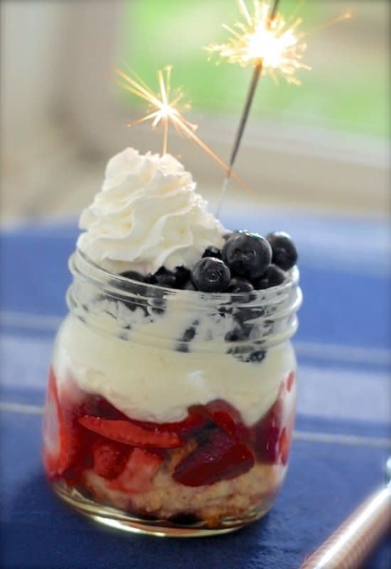 <p>ChinDeep</p><p>A simple dessert that is as pretty as it is delicious and patriotic. </p><p><strong>Get the recipe: <a href="https://chindeep.com/2014/06/27/red-white-blueberry-strawberry-shortcake-jars-4th-of-july-recipe/" rel="nofollow noopener" target="_blank" data-ylk="slk:Sparkler Shortcake Jars;elm:context_link;itc:0;sec:content-canvas" class="link ">Sparkler Shortcake Jars</a></strong></p>